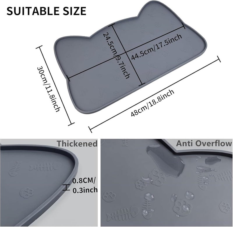 IYYI Cat Food Mat, Silicone Pet Food Mat for Floor, Waterproof Non Slip Pet Feeding Mat, Raised Edge Cat Bowl Mat to Stop Food Spills and Water Messes (Gray+Fishbone) - Image 5